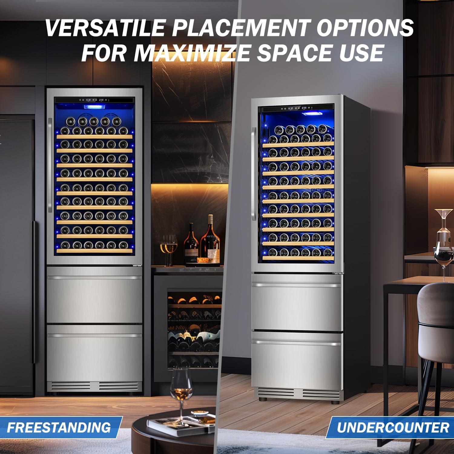 Velivi 24 Inch Wide Wine and Beverage Refrigerator With Dual Drawer, 2 IN 1 Dual Zone Wine Cooler, Built-In or Freestanding Beverage Fridge, for Home Bar Kitchen, Hold Up To 107 Bottles and 149Cans