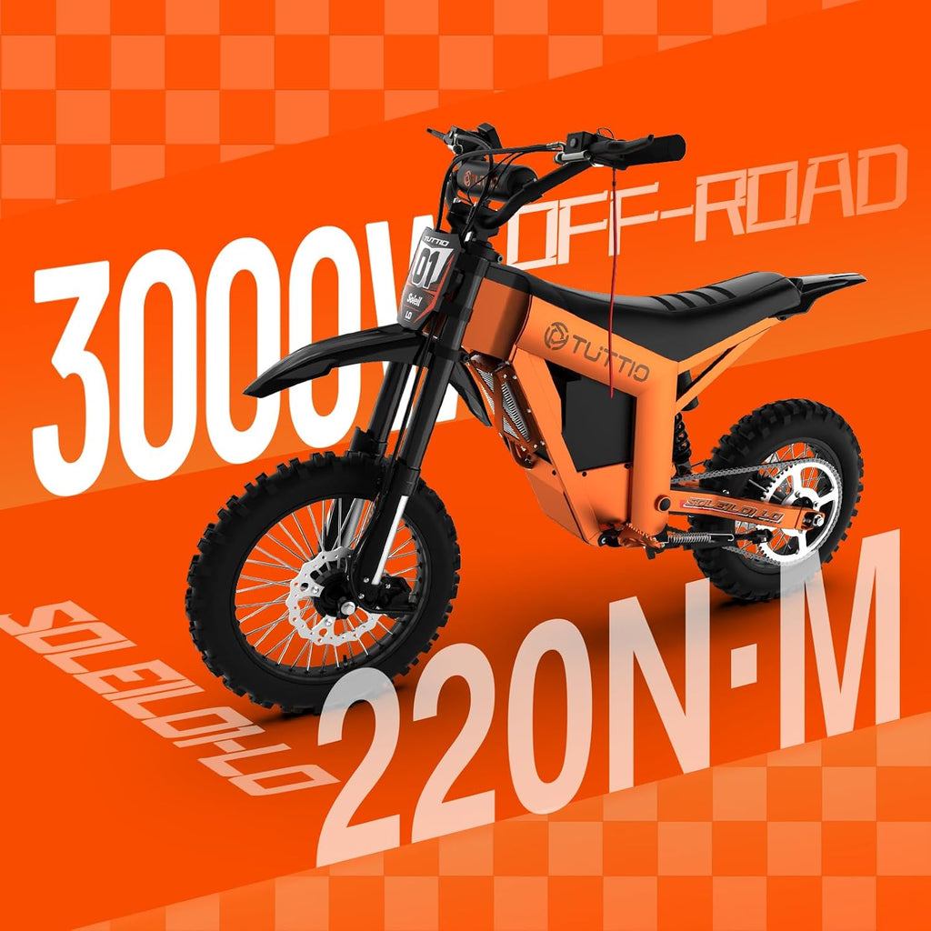 TUTTIO Soleil01-LO 3000W Mid-Drive Electric-Dirt-Bike for Teens & Adults - 37MPH, 220Nm, 48V 21Ah Removable Battery, Full Suspension Off-Road Electric Motorcycle, 14'/12' Tires for Mountain Adventure