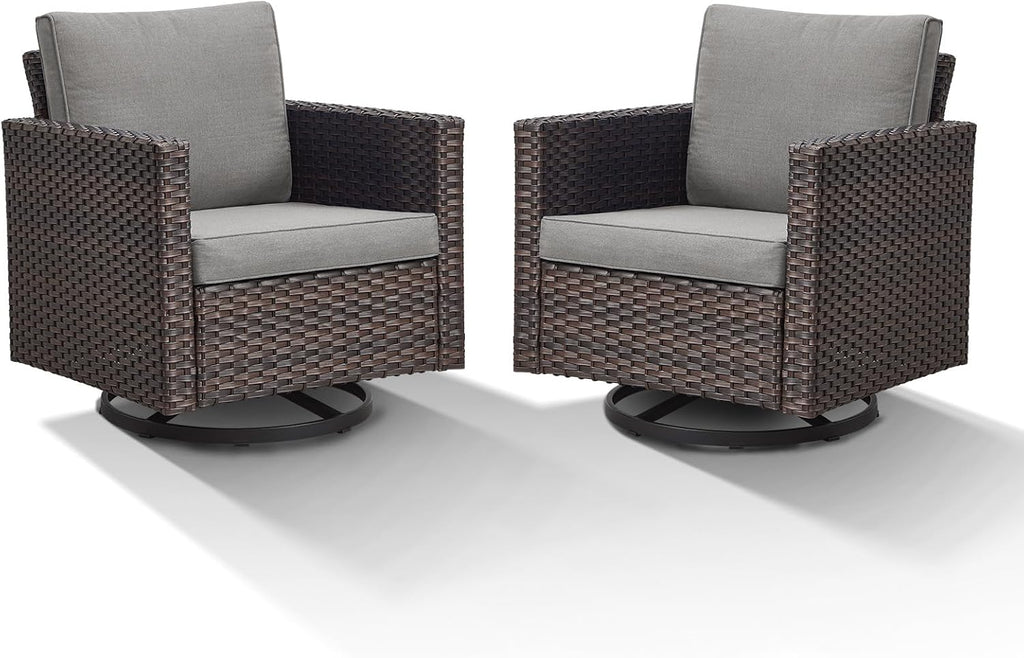 Patio Swivel Chairs,360 Degree Outdoor Swivel Glider Chair Set of 2 with High Back and Thickened Cushions for Deck Porch Garden Backyard-Brown/Grey