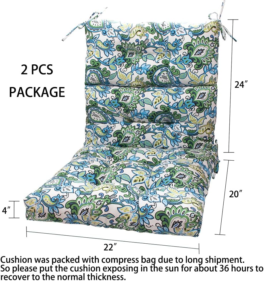 Magpie Fabrics Indoor Outdoor Tufted High Back Chair Cushion Set of 2, Waterproof All-Weather Deep Seating Rocking Chair Patio Garden Chaise Lounge Sun Lounger Chair Cushions(Botanical Blue Green)
