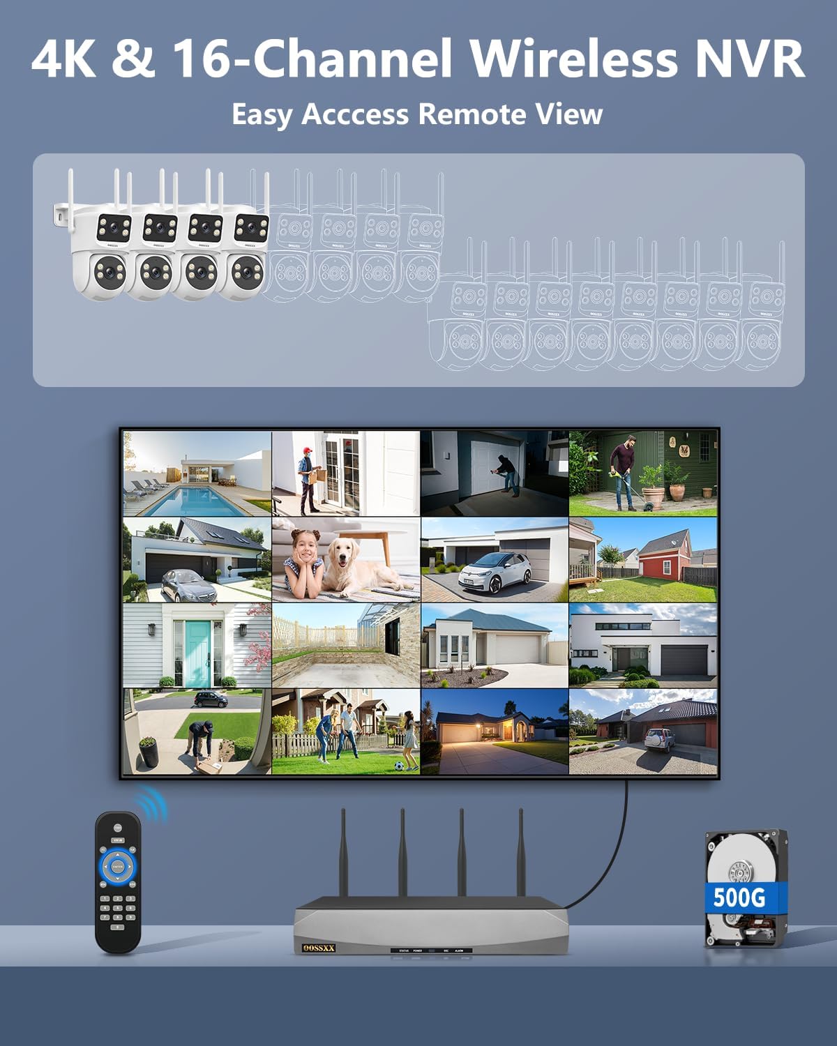 OOSSXX (2026 New) Dual Lens Wireless Security Camera System 4MP, 16CH WiFi NVR with 4 Cameras, 4 Antennas 55% Longer Range, Fixed + PTZ, 500GB HDD, No Monthly Fee