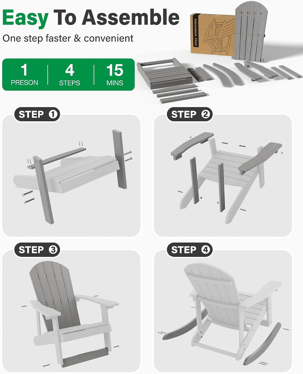 YEFU Outdoor Rocking Chair,Adirondack Rocking Chair,Patio Rocker Chair with Wide Back,Oversized Rocker Chair Look Like Real Wood, for Lawn, Porch, Backyard, Indoor and Garden(Grey)