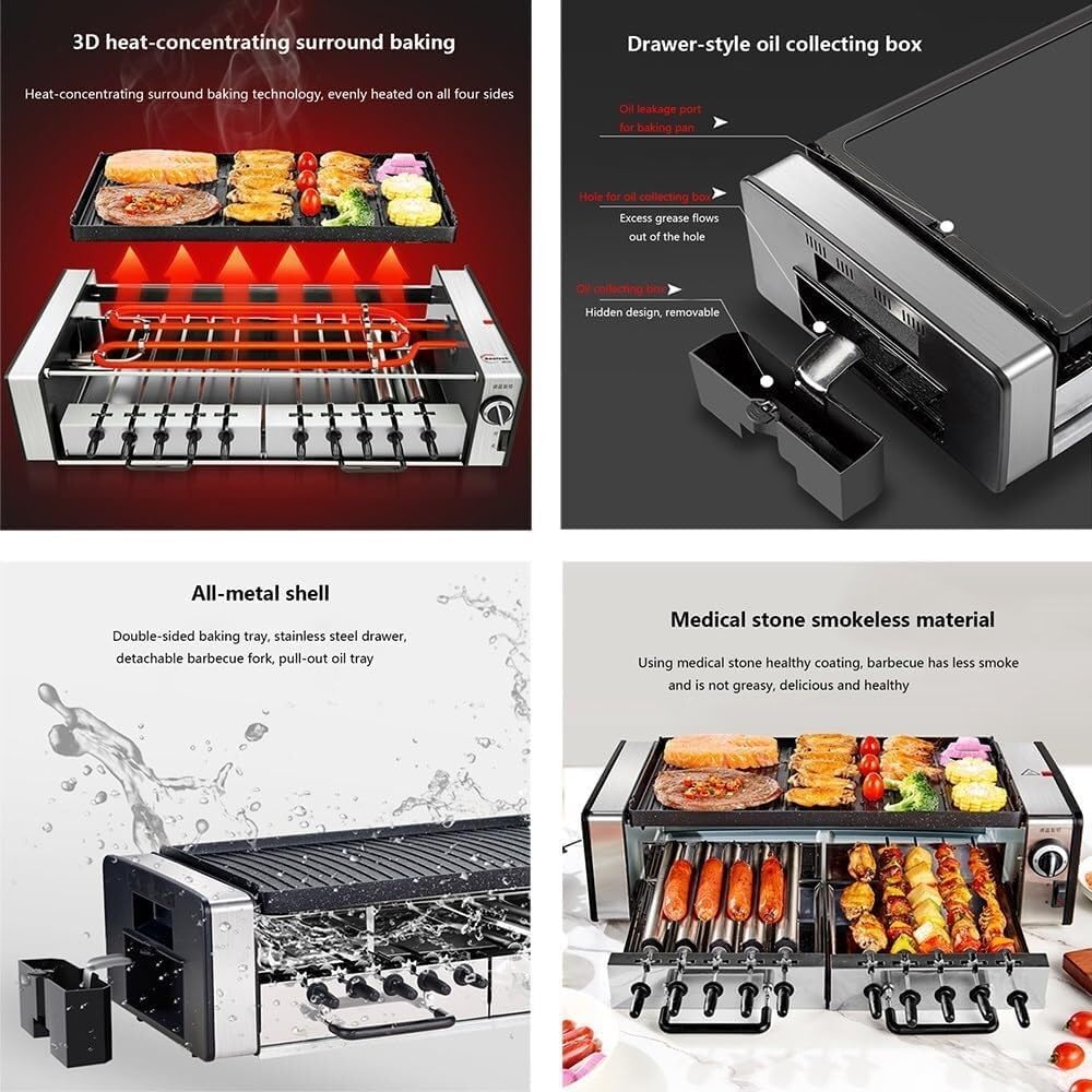 Electric Barbecue Grill, Automatic Rotating Grill Grate,Smokeless Rotary,10 Skewers Rotating Grill Grate,Double Layer Capacity,For Home,Kitchen,Outdoor Party Campfire Barbecue