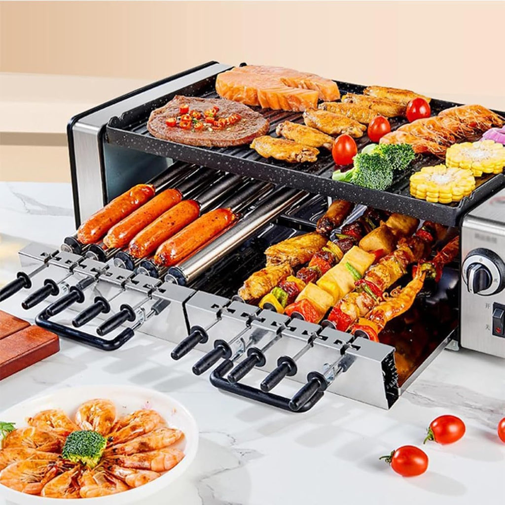 Double Layer Automatic Rotating Electric Grill, Household Smokeless Bbq Kebab Plate, Adjustable Temperature Drip Tray, Suitable for Kitchen Party Camping Easy To Clean