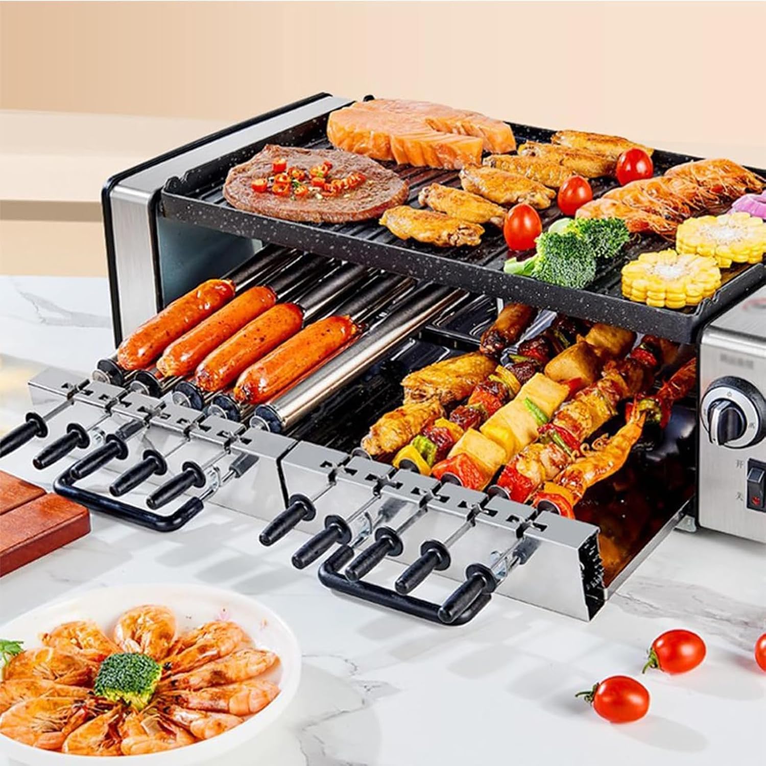 Double Layer Automatic Rotating Electric Grill, Household Smokeless Bbq Kebab Plate, Adjustable Temperature Drip Tray, Suitable for Kitchen Party Camping Easy To Clean