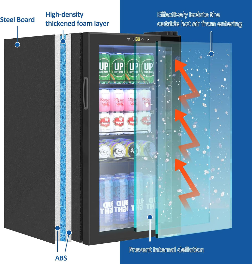 Dawmilon 3.2 Cu.Ft Mini Fridge, 120 Can Beverage Refrigerator with Glass Door, Adjustable Shelves & Temperature Control, Quiet Drink Cooler for Soda, Beer & Wine, Home Bar Office Bedroom