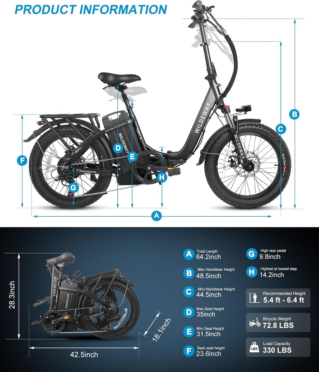 Wildeway Folding Electric Bike for Adults with 32Ah Battery Long Range 750W Motor 28MPH, 20'x 3.0'Fat Tire Foldable EBike, Urban City Commuter Men Women Bicycle 7 Speed Gear