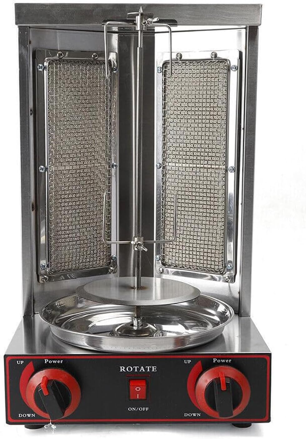 Vertical Grill with Adjustable Timer, with Two Adjustable Heating Tubes, Automatic Rotating Grill Plate, Smokeless Household Grill Plate with Built-in Grease Tray, 360° Rotation