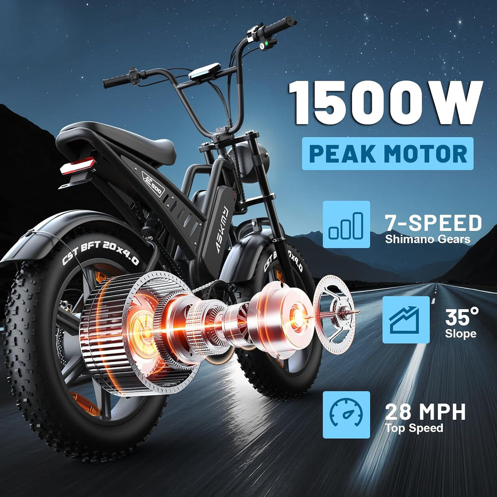 20' Fat Tire Electric Bike for Adults, 1500W Peak Motor E-Bike with 48V 15Ah Removable Battery, 60 Miles PAS Range, 28MPH Dirt Electric Mountain Bicycles for Off Road and Commuting