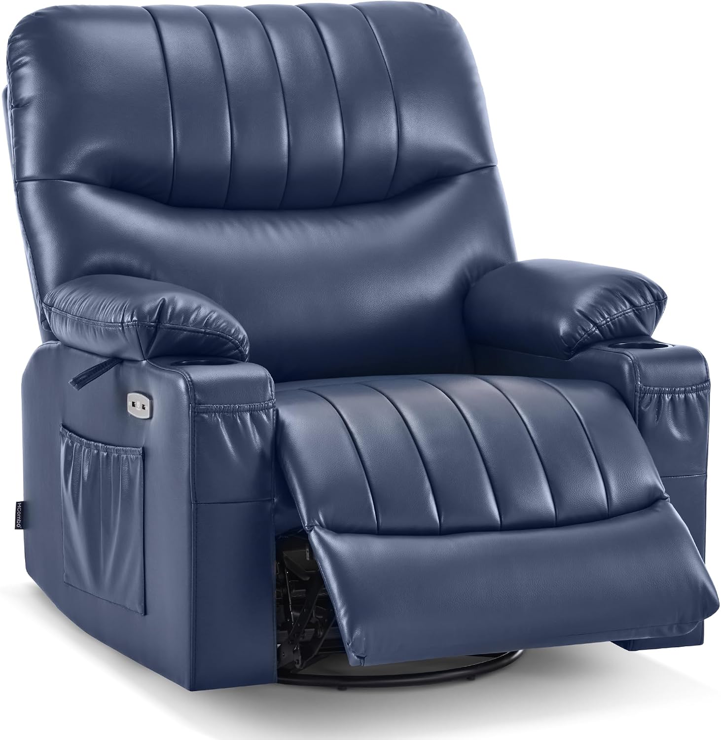 MCombo Oversized Swivel Glider Rocker Power Recliner Chair for Living Room with Heat and Vibration Massage, USB Ports, Cup Holders and Pockets, Faux Leather 7785 (Navy Blue)