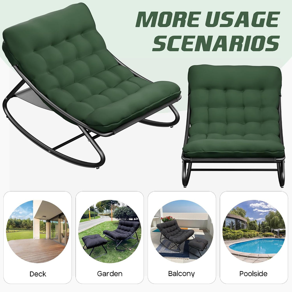Outdoor Rocking Chair, Oversized Patio Papasan Rocking Chair with Cushion, Modern Comfy Lounge Rocker Chairs for Indoor Balcony Porch (Green)