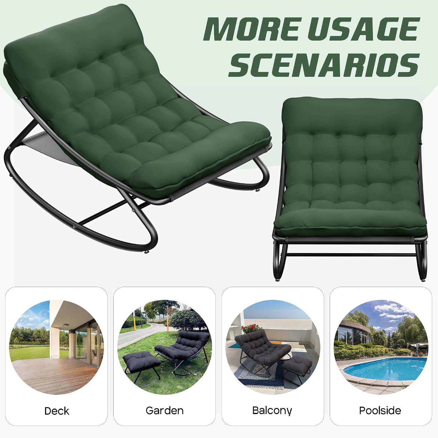 Outdoor Rocking Chair, Oversized Patio Papasan Rocking Chair with Cushion, Modern Comfy Lounge Rocker Chairs for Indoor Balcony Porch (Green)