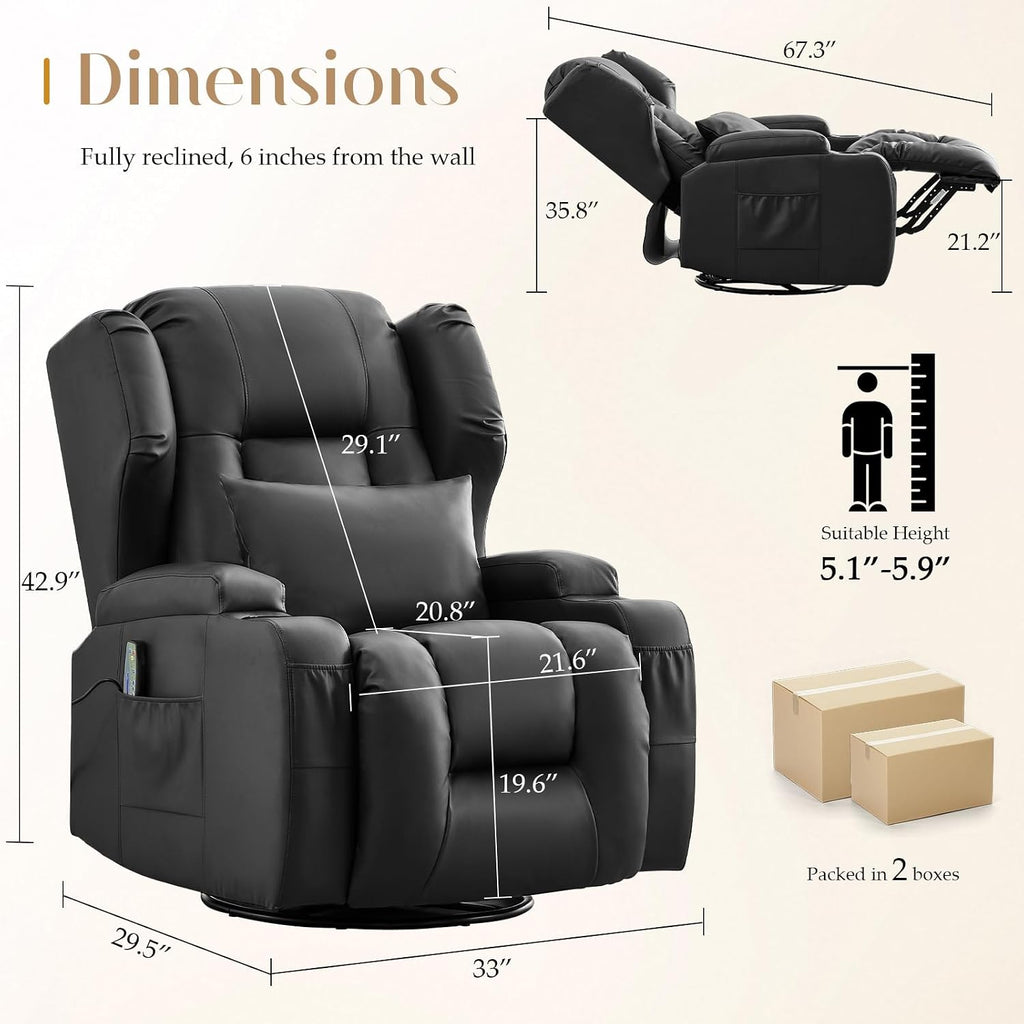 Power Swivel Rocker Recliner Chair with Massage & Heat, Dual Motor Electric Glider Rocking Recliner with USB Ports, Cup Holders & LED Light for Living Room, Home Theater (Black)