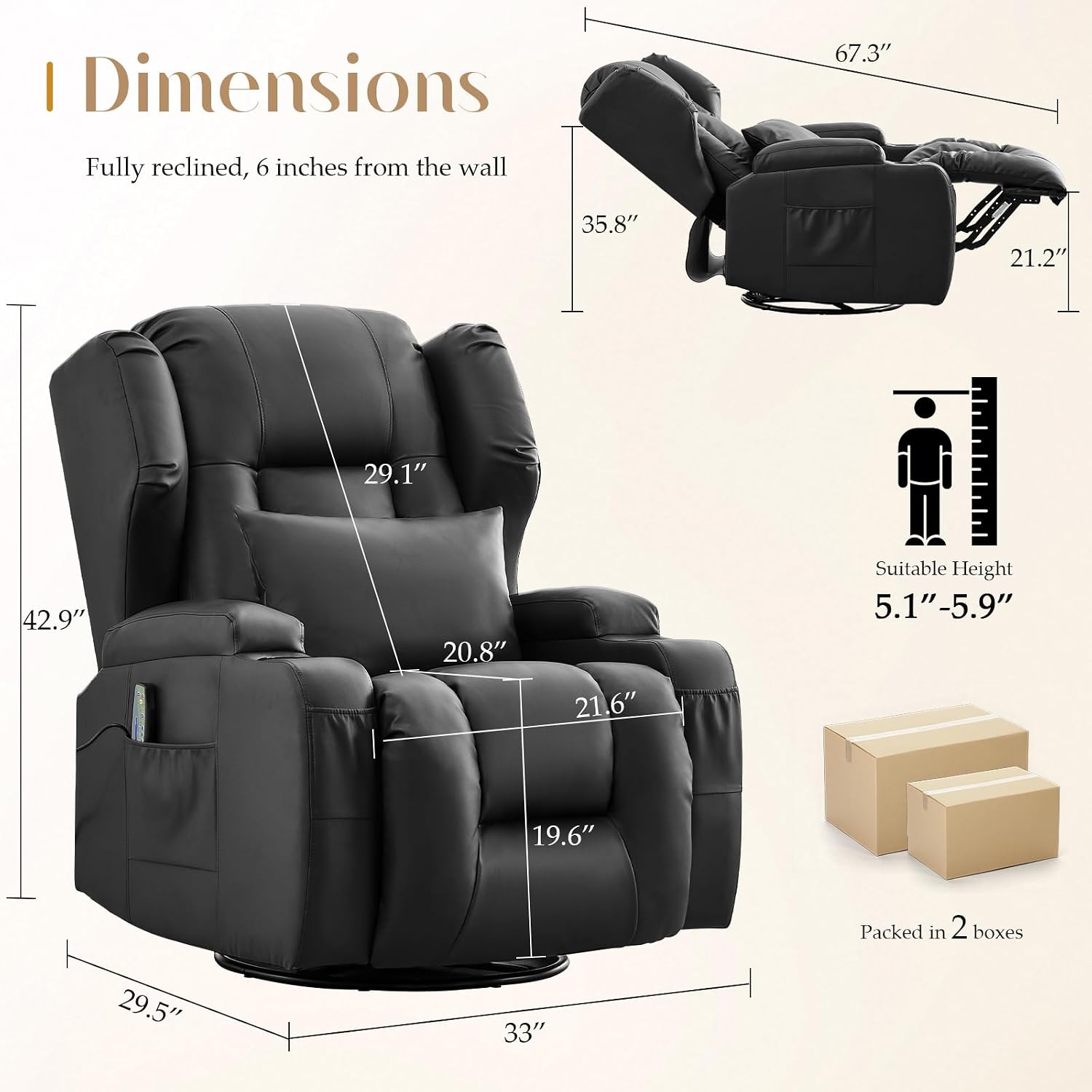 Power Swivel Rocker Recliner Chair with Massage & Heat, Dual Motor Electric Glider Rocking Recliner with USB Ports, Cup Holders & LED Light for Living Room, Home Theater (Black)