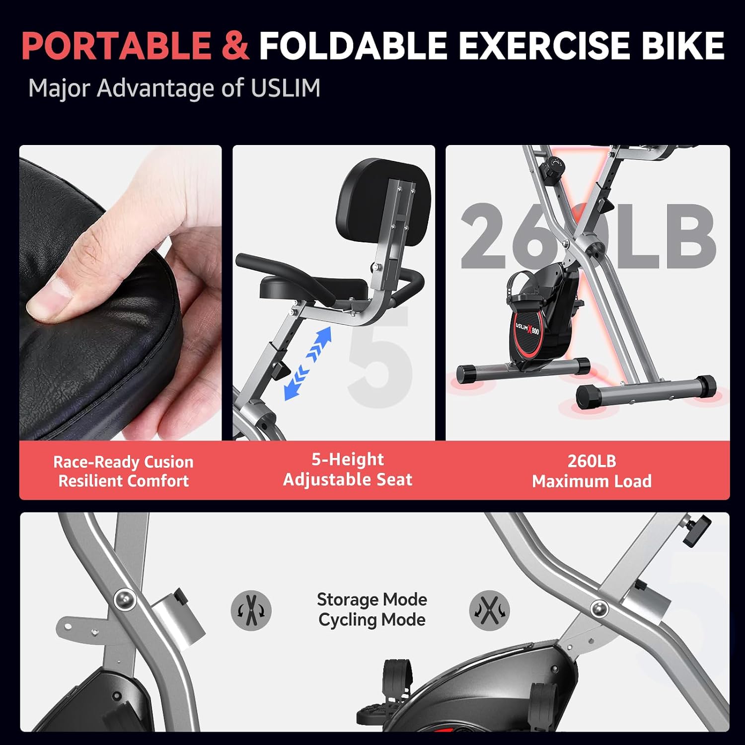 USLIM Foldable Exercise Bike Stationary Bikes for Home, 5 IN 1 Indoor Workout Bike, Cycling Bike with 16-Level Quiet Magnetic Resistance, 6.6 LBS Flywheel and 300LBS Capacity for Senior and Home Workout