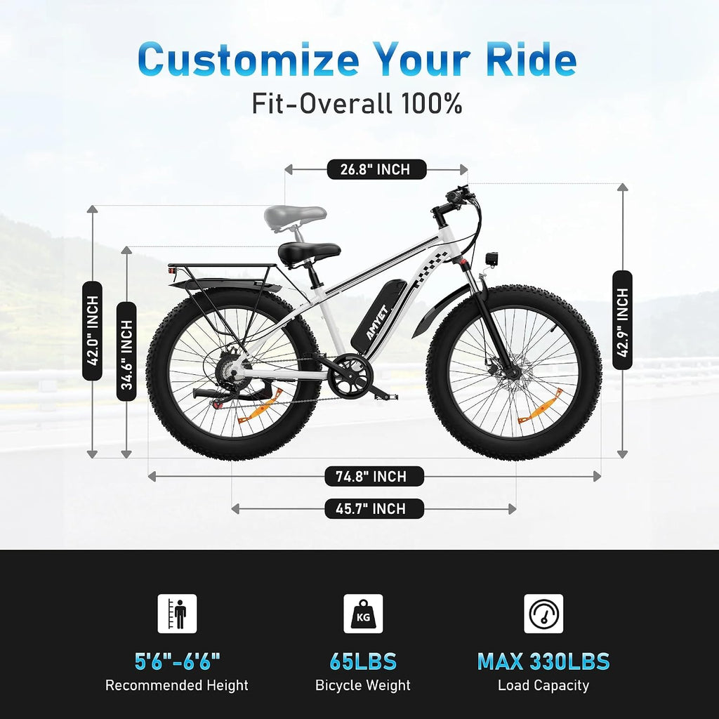 AMYET EB26 Electric Bike for Adults Peak 1500W Electric Bicycle 48V 15AH (720WH) Battery Electric Bike 26' Fat Tire Mountain 28mph 7 Speed Gears Ebike (White)