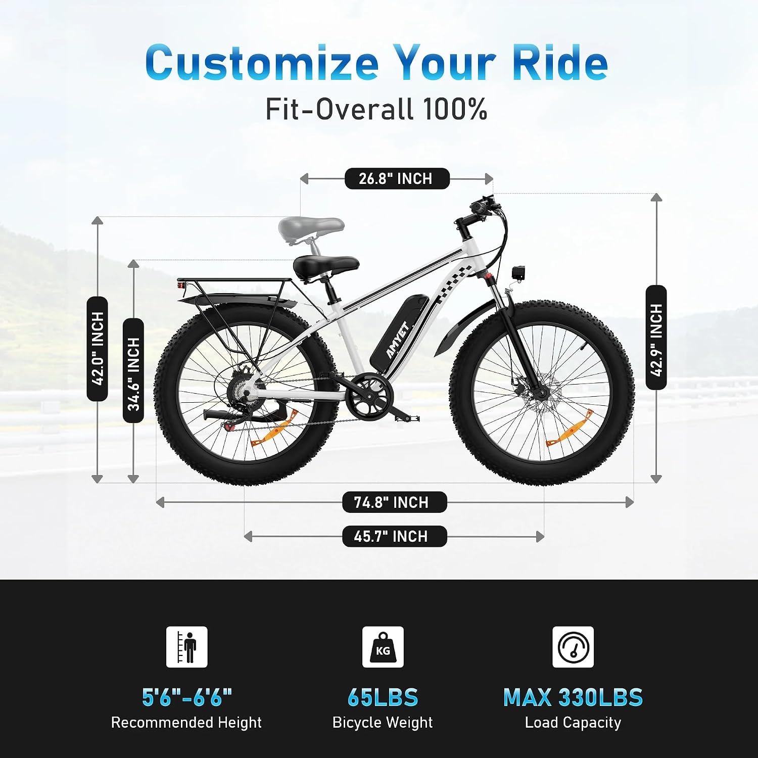 AMYET EB26 Electric Bike for Adults Peak 1500W Electric Bicycle 48V 15AH (720WH) Battery Electric Bike 26' Fat Tire Mountain 28mph 7 Speed Gears Ebike (White)