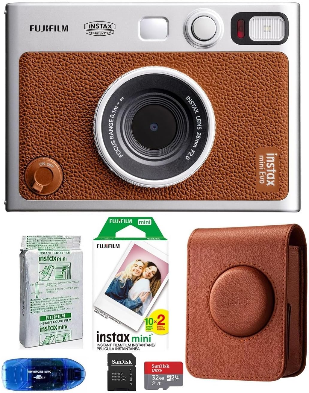 Fujifilm INSTAX Mini EVO Hybrid Instant Camera Bundle, Includes: Fujifilm Soft Case, Mini Film (30 Exposures), SanDisk 32GB MicroSDHC Memory Card and More (6 Items) (Brown)