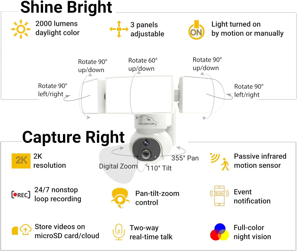 24/7 Recording Solar Floodlight Security Camera Wireless Outdoor, Motion-Activated Alert/2000LM Floodlight/105dB Siren, WiFi, 2K, HD Live View/Talk, 360° Pan & Tilt, Free Local 128GB Storage