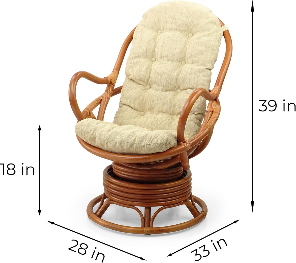 Java Lounge Swivel Rocking Chair with Cream Cushion Natural Rattan Wicker Handmade, Colonial Color