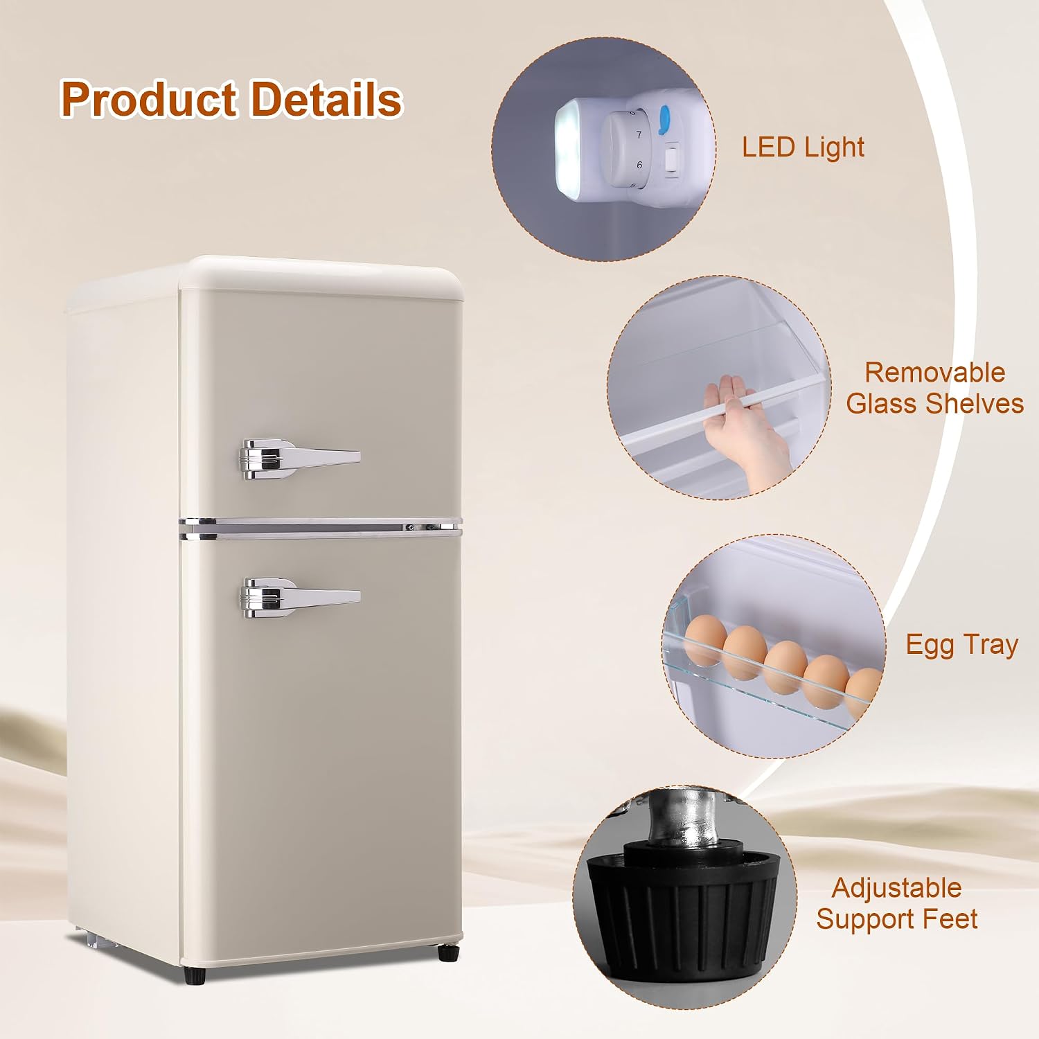 Retro Mini Fridge with Freezer 3.5 Cu. Ft, Small Refrigerator with 7 Level Adjustable Thermostat, Compact Classic Dual Door Fridge Removable Glass Shelves for Apartments, Dorm, Office, Cream
