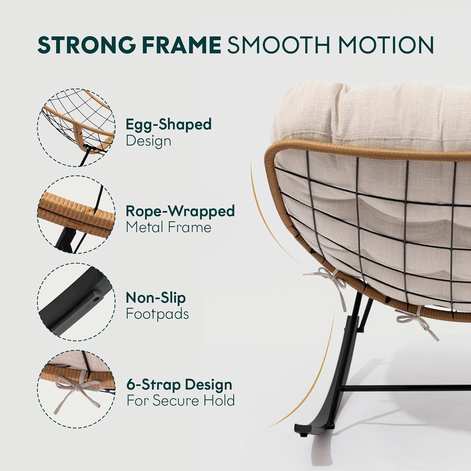 Bme Patio Rocking Chair Outdoor & Indoor, Metal Patio Lounge Rocking Chair with Thick Cushion, Comfy Modern Rocker Chair for Living Room, Porch, Backyard, Beige Cushion - Black Matte Rocker