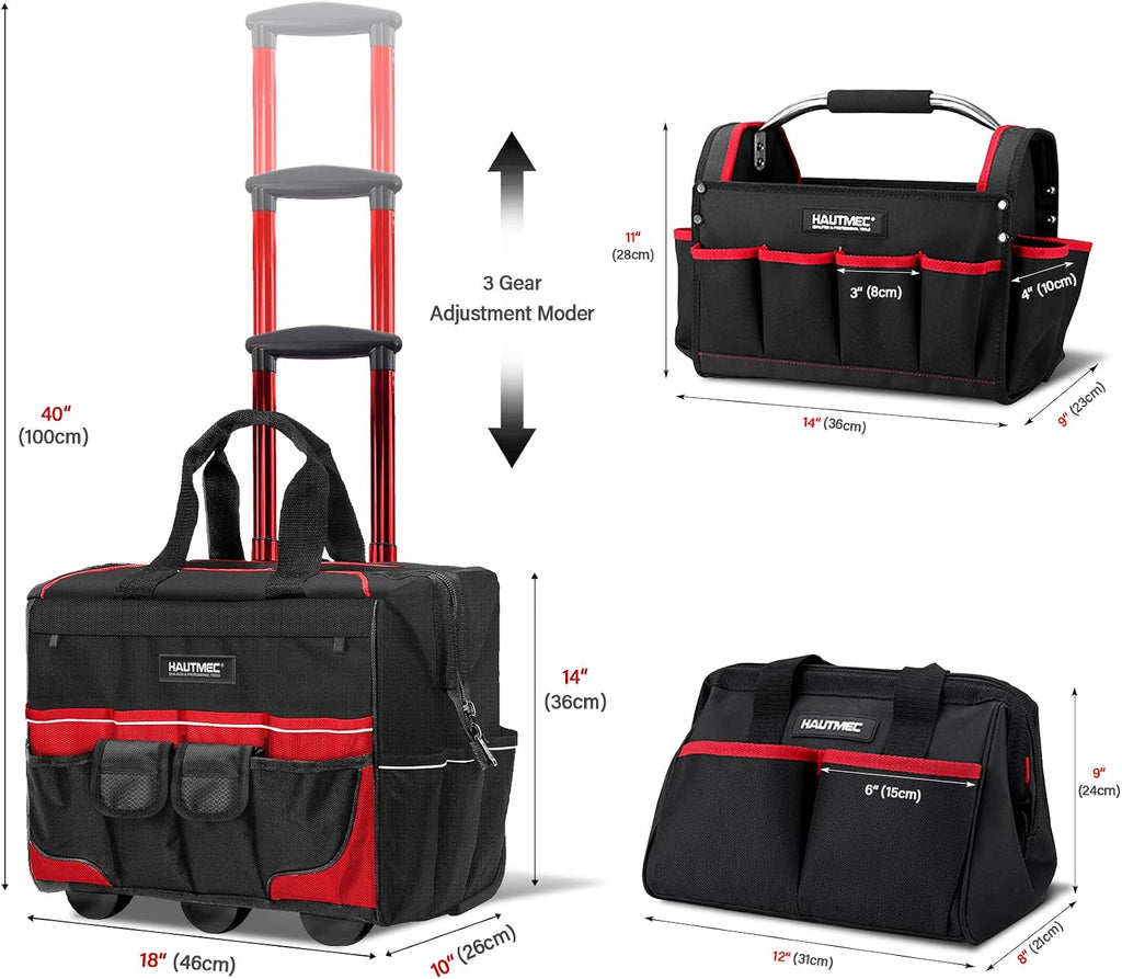 HAUTMEC 3-Piece Rolling Tool Bag Set, 18' Wheeled Tool Bag, 15' Open Top Tool Tote & 12' Wide Mouth Small Bag, Heavy-Duty 1680D Water-Resistant Tool Storage with Off-Road Wheel & Telescoping Handle