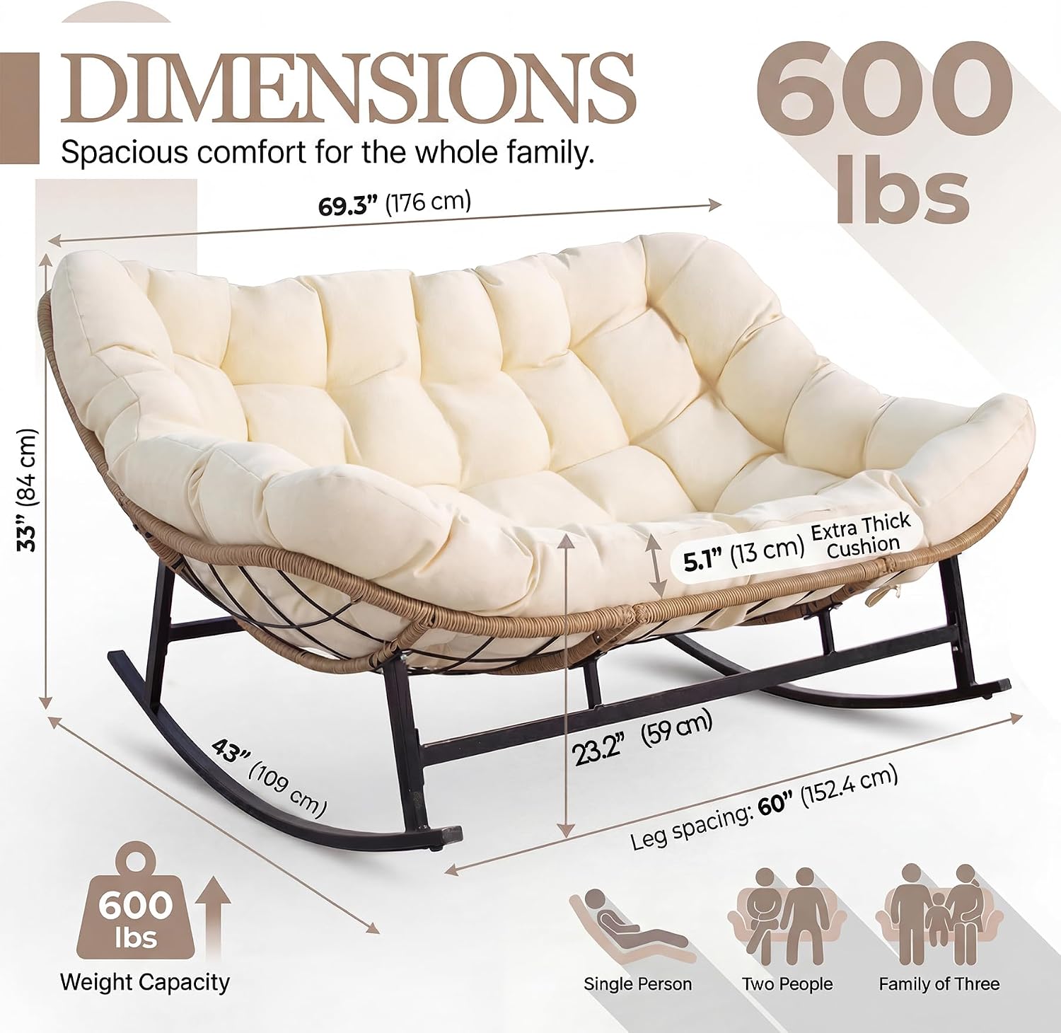 NICESOUL Oversized Double Rocking Papasan Chair with Thick Cushion, 2 Person Big Wicker Outdoor Comfy Recliner, Extra Large Heavy Duty Egg Loveseat for Patio, Balcony, Backyard, Garden, Beige