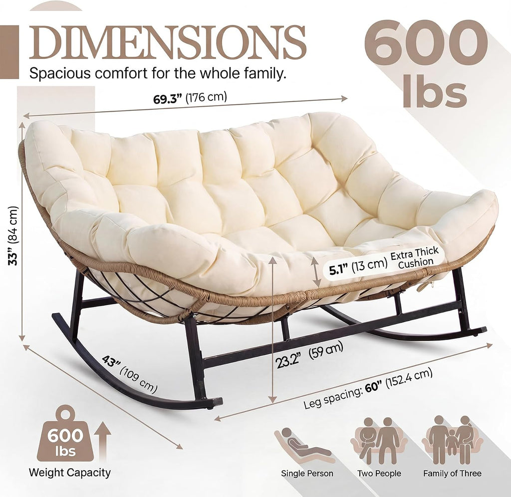 NICESOUL Outdoor Double Egg Rocking Chair, Oversized 2 Person Wide Papasan Rocker, Comfy Padded Recliner Loveseat, 700 lbs Heavy Duty Glider Lounge Chair with Cushion for Outside Backyard Porch, Beige