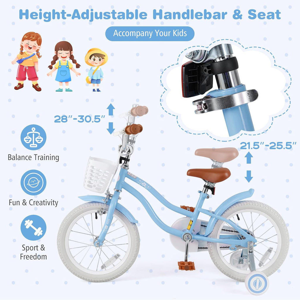 BABY JOY Kids Bike, 12 14 16 18 20 Inch Boys Girls Bike w/Adjustable Seat, Removable Basket, Handbrake & Coaster Brake, Training Wheels or Kickstand, Kids Bicycle with Multi-Color