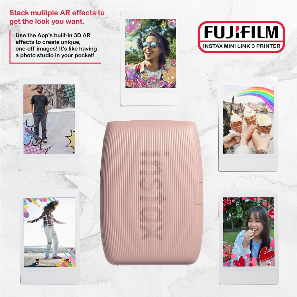 FUJIFILM INSTAX Mini Link 3 Smartphone Printer Bundle with Fujifilm Instax Mini Film (20 Sheets), Hanging Photo Frames, Table top Photo Frame for Mini Film (Rose Pink)