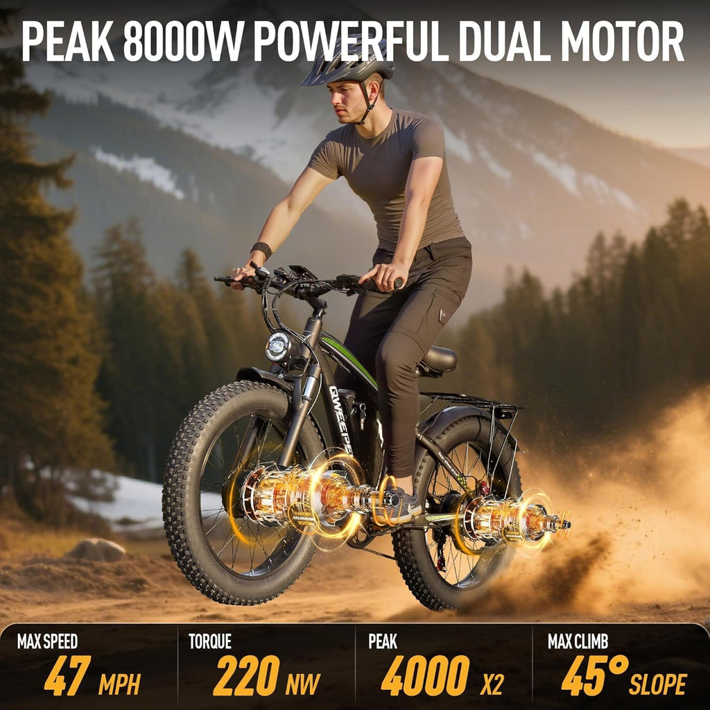Peak 8000W Dual Motor Ebike, 47MPH Electric Bike for Adults with Hydraulic Disc Brake, 58V 36AH Detachable Battery, Up to 105Miles, 24Inch Fat Tire Electric Bicycle for Snow Off-Road Commuter Mountain