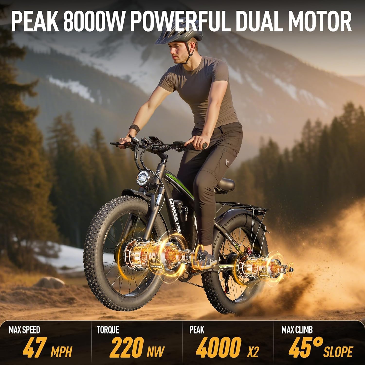 Peak 8000W Dual Motor Ebike, 47MPH Electric Bike for Adults with Hydraulic Disc Brake, 58V 36AH Detachable Battery, Up to 105Miles, 24Inch Fat Tire Electric Bicycle for Snow Off-Road Commuter Mountain