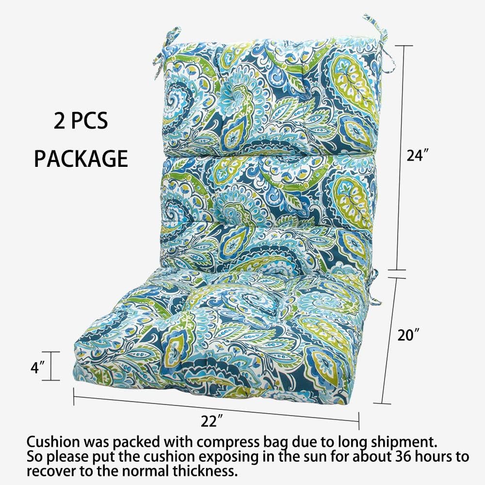Magpie Fabrics Indoor Outdoor Tufted High Back Chair Cushion Set of 2, Waterproof All-Weather Deep Seating Rocking Chair Patio Chaise Lounge Sun Lounger Chair Cushions(Paisley Lapis Green)