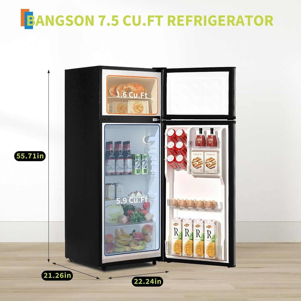 7.5 Cu. Ft. Compact Refrigerator | Two Door Mini Fridge with Energy-Efficient & Quiet Operation | for Dorm, Office, Bedroom, Kitchen, Bar Use with Adjustable Shelves