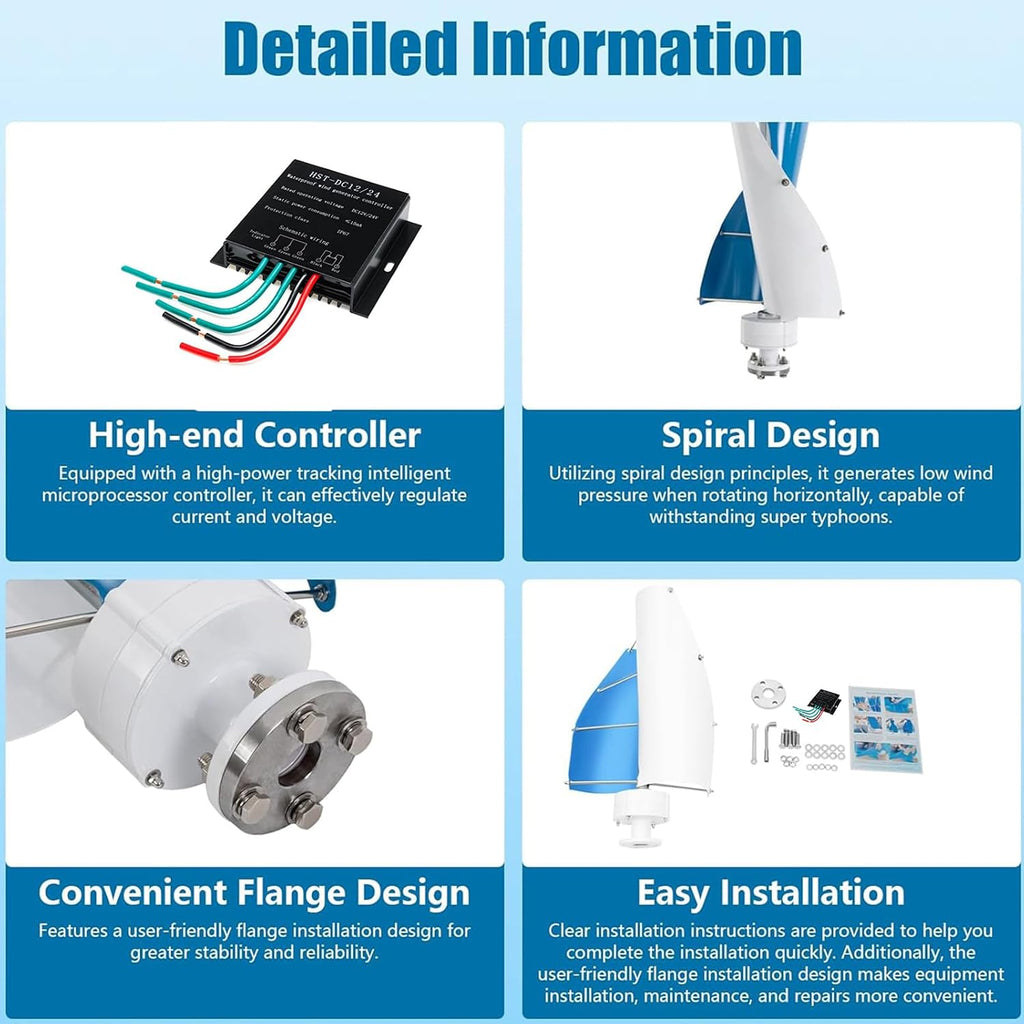 Vertical Spiral Generator Set, 3000W 3 Phase AC Permanent Magnet Generator Wind Turbine Kit with Controller for Hybrid Wind Solar System (12V-220V)