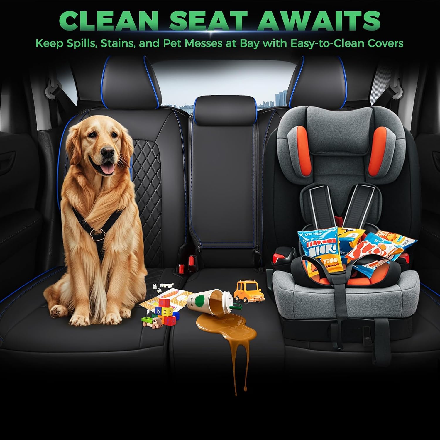 for Honda HRV Seat Covers 2016-2018 EX EX-L & 2016-2022 LX, Custom Fit Car Seat Cover Full Set, Luxury Leather HR-V Seat Protectors, Waterproof SUV Cushions Accessories, Black with Blue Trim