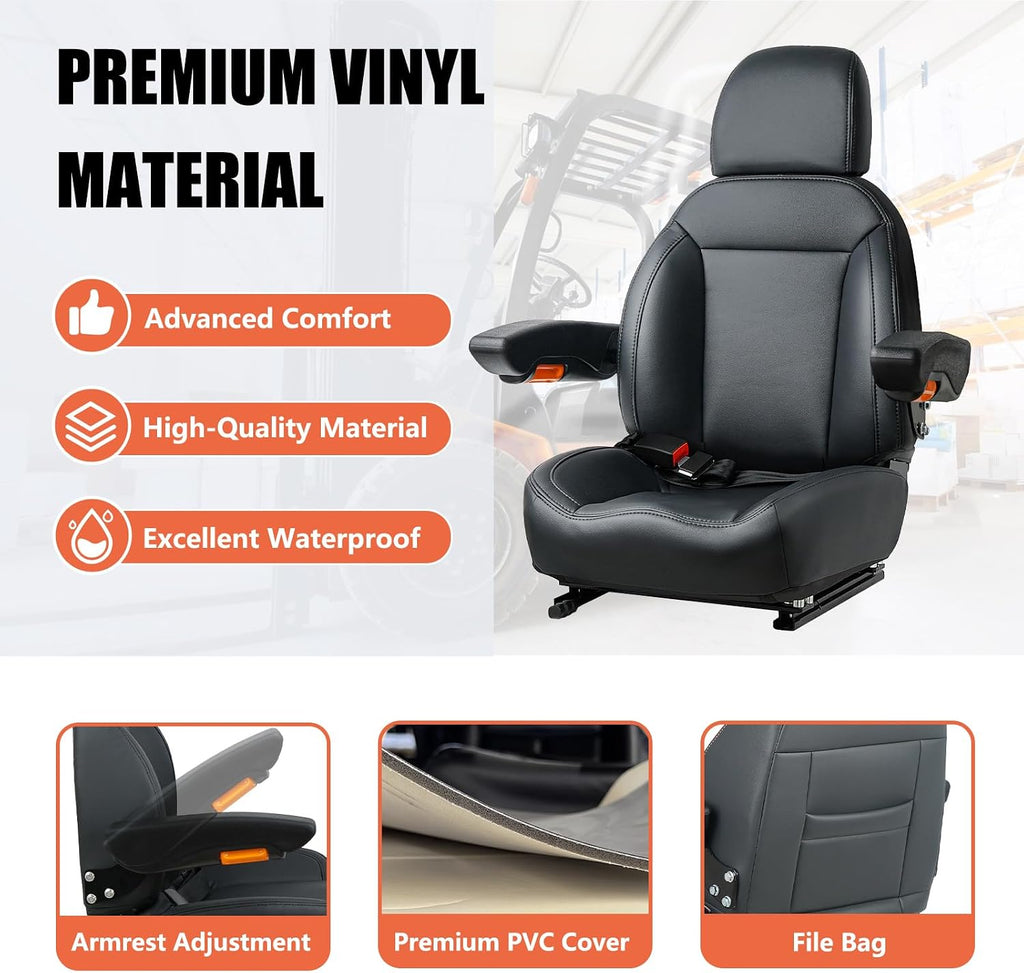 Universal Tractor Seat, Forklift Seat with Seatbelt and Adjustable Backrest Headrest Armrests for Boat Excavator Harvester Loader Backhoe Dozer Telehandler(Black)