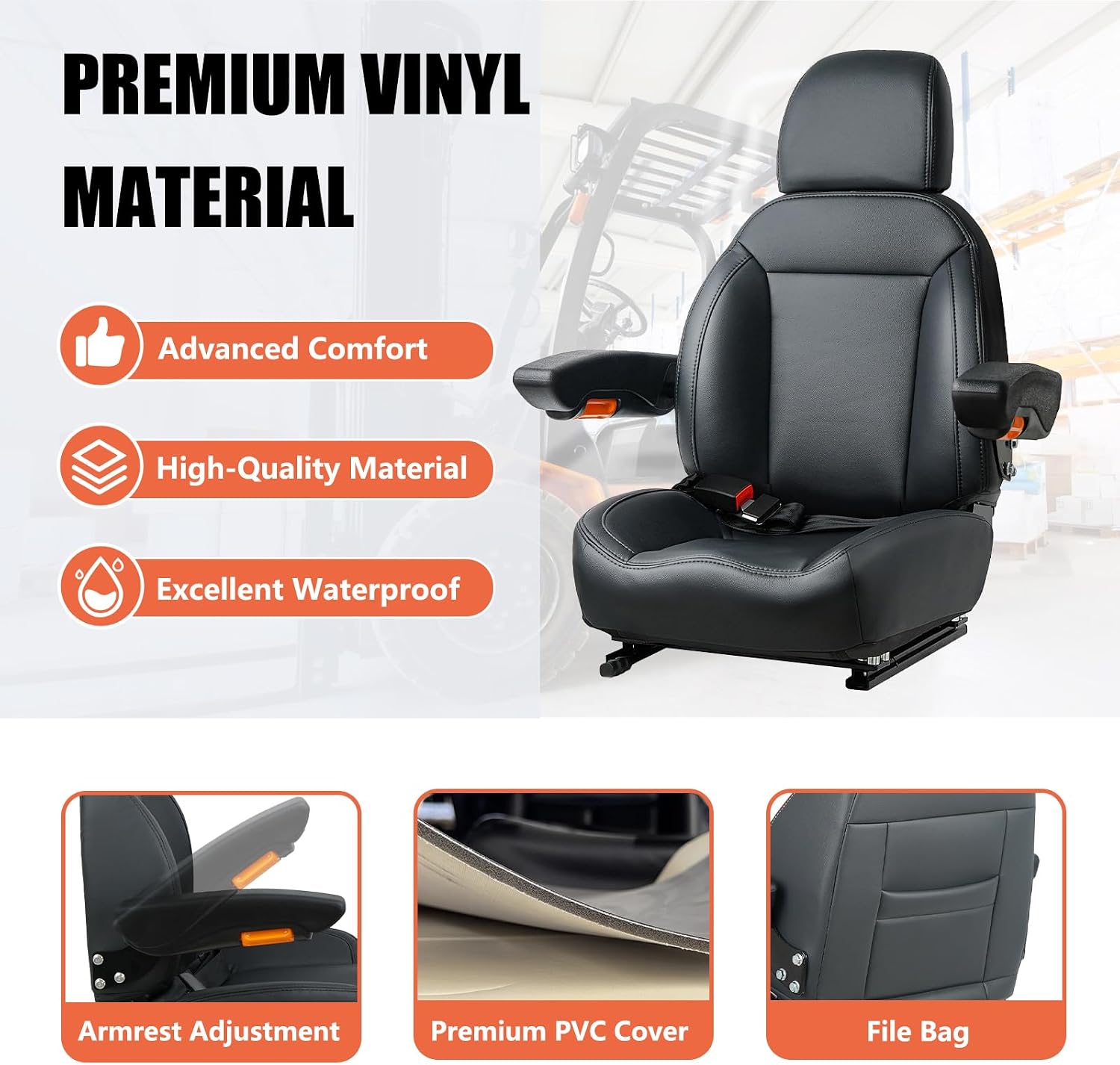 Universal Tractor Seat, Forklift Seat with Seatbelt and Adjustable Backrest Headrest Armrests for Boat Excavator Harvester Loader Backhoe Dozer Telehandler(Black)