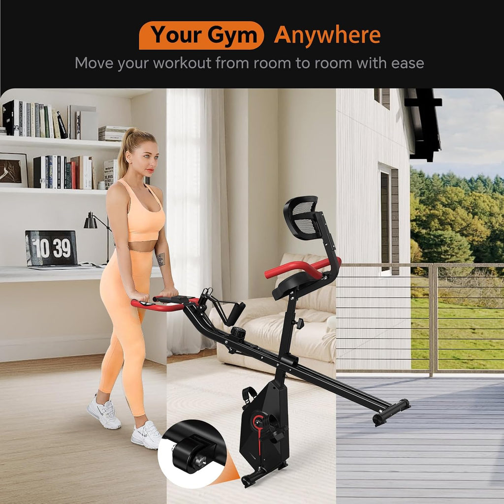 USLIM Foldable Exercise Bike Stationary Bikes for Home, 5 IN 1 Indoor Workout Bike, Cycling Bike with 16-Level Quiet Magnetic Resistance, 6.6 LBS Flywheel and 300LBS Capacity for Senior and Home Workout