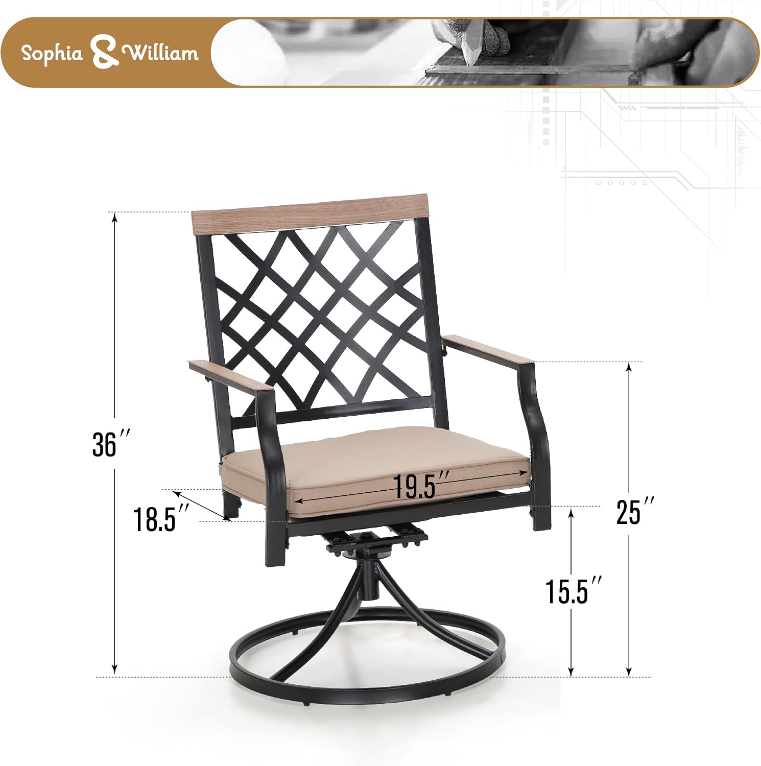 PHI VILLA Patio Dining Chairs Set of 2 Outdoor Swivel Dining Chairs Patio Furniture Rocking Chairs with Cushion Suports 300lbs for Garden Backyard