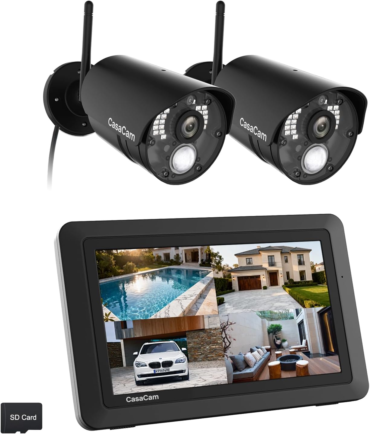 CasaCam GuardianCam Air | Wireless Security Camera System with 7' Touchscreen Monitor and 2 720p Cameras | AC Powered, Two-Way Audio, Free APP, Micro SD Card and Battery Installed, Model VS802