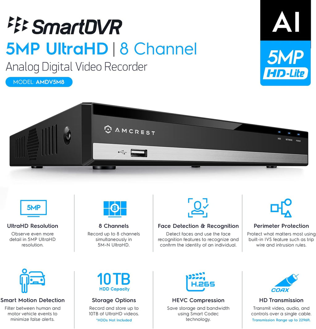 Amcrest 5MP UltraHD 8 Channel DVR Security Camera System Recorder, 5MP Security DVR for Analog Security Cameras, Remote Smartphone Access, HDD & Cameras NOT Included (AMDV5M8)