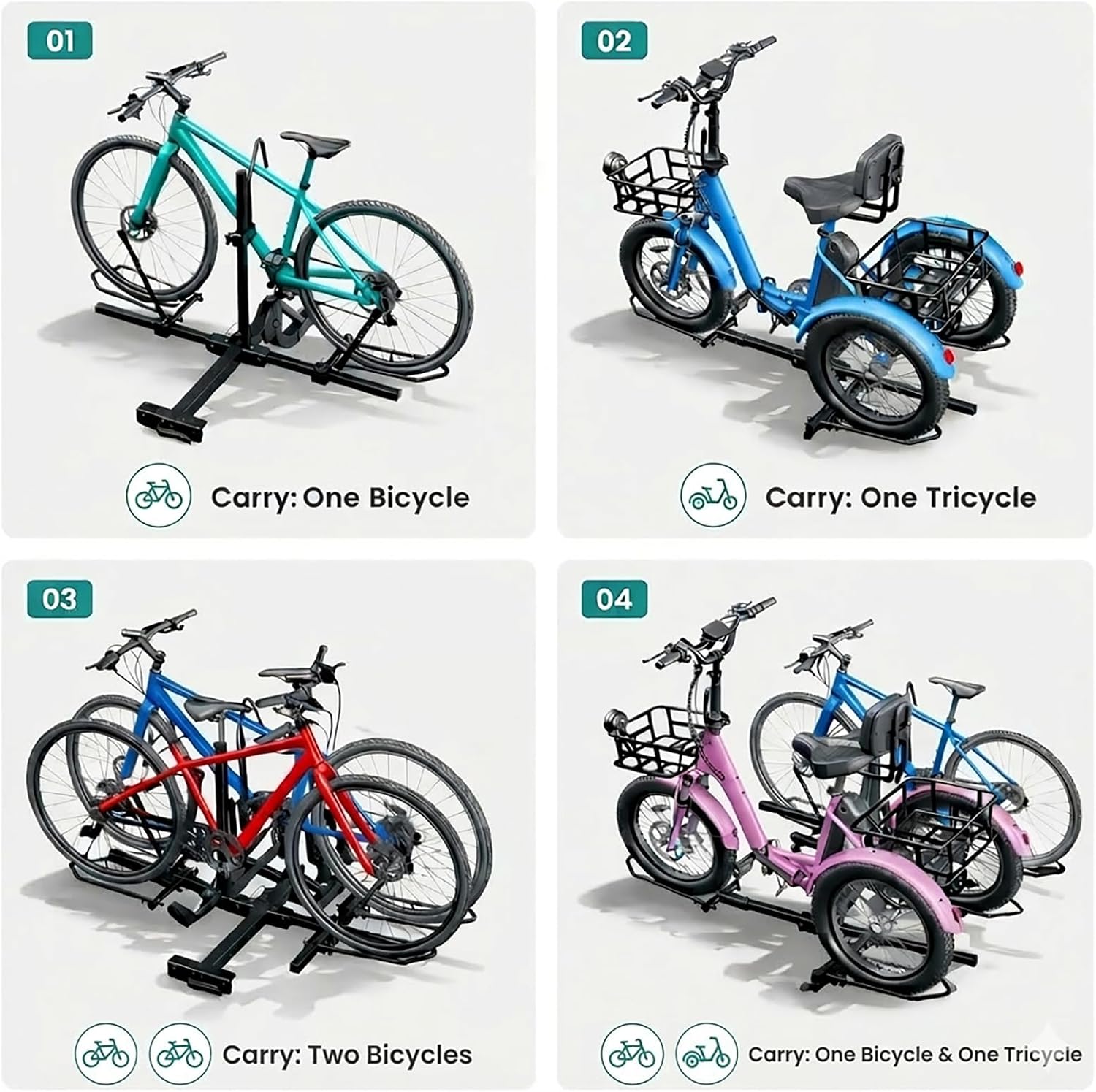 MOPHOTO Heavy-Duty Folding Trike Rack for Adult Tricycles Bicycles, Bike Hitch Mount Rack, 270 lbs Load, Fits 5' Fat Tires, 43'–59' Wheelbase, Rear Carrier with 2' Receiver for Cars, Trucks, SUVs, RVs