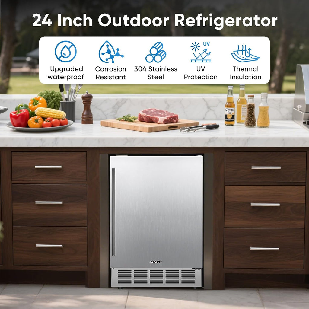 24 Inch Outdoor Beverage Refrigerator, Stainless Steel Beverage Fridge 180 Can Under Counter Built-in/Freestanding, Waterproof, Fast Cooling, Low Noise - Outdoor Refrigerator for Home and Patio