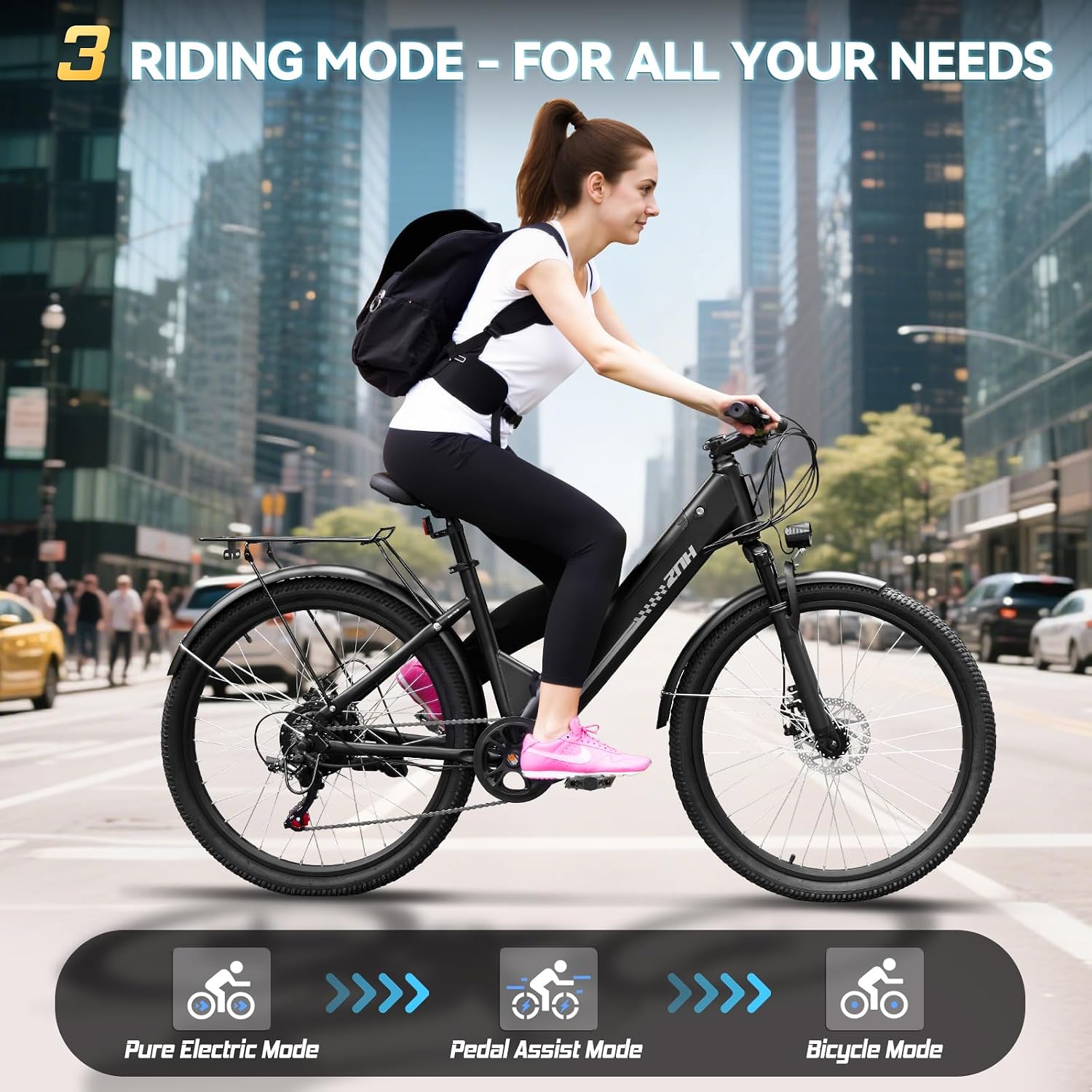 ZNH Electric Bike, 750W Peak Motor Electric Mountain Bike for Adults With 48V 13Ah Removable Battery, 20MPH 26'' Electric Bike, Suspension Fork, LED Display, Fat Tire Commuter EBike, Black (17S-Black)
