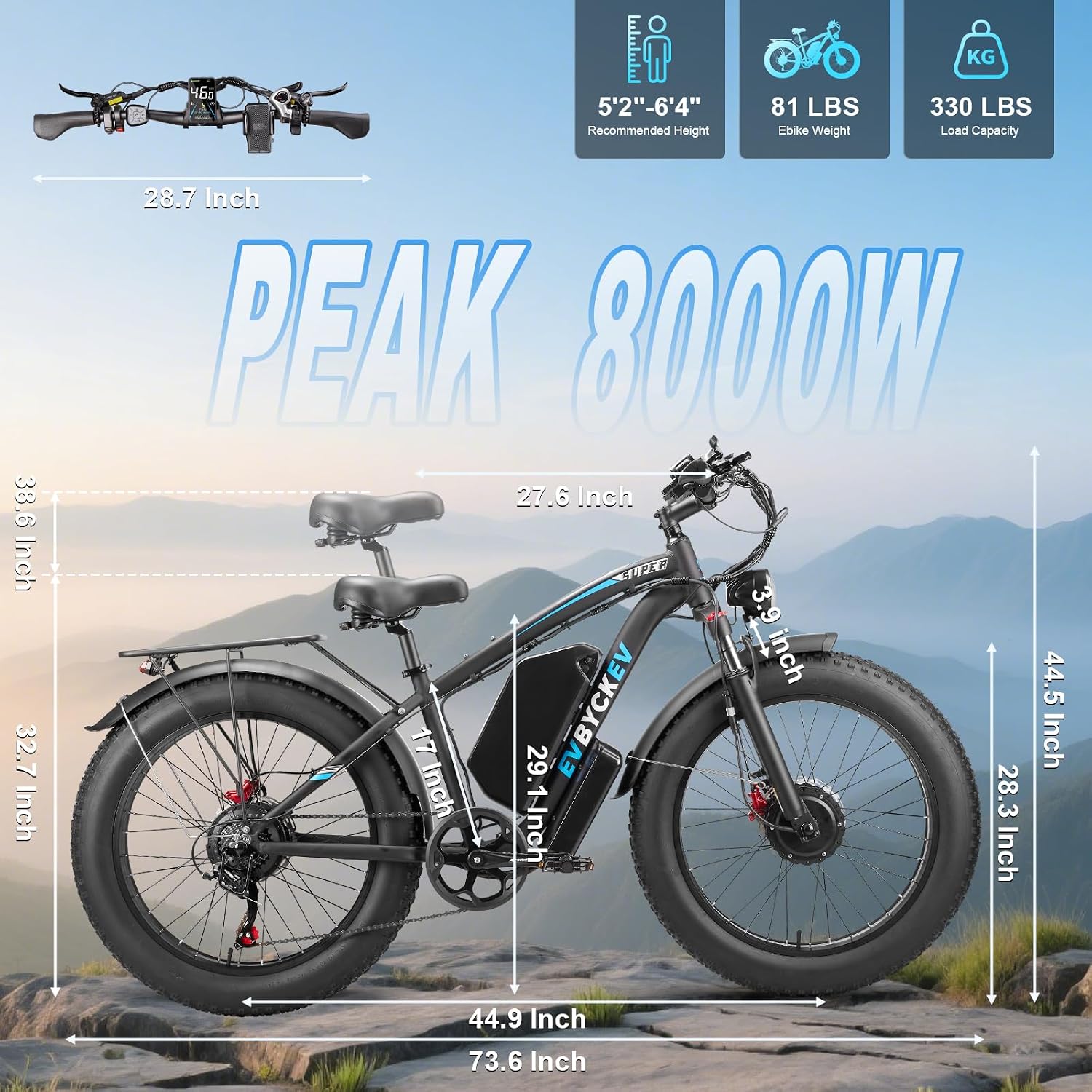 60V Electric Bike,8000W Peak1768WH Dual Motor Ebike for Adults,42-47MPH Up to 100Miles Fast Mountain Ebike, 24Inches Fat Tire E Bike,Lockable Suspension E-Bike for Snow Hunting Off-Road Sand