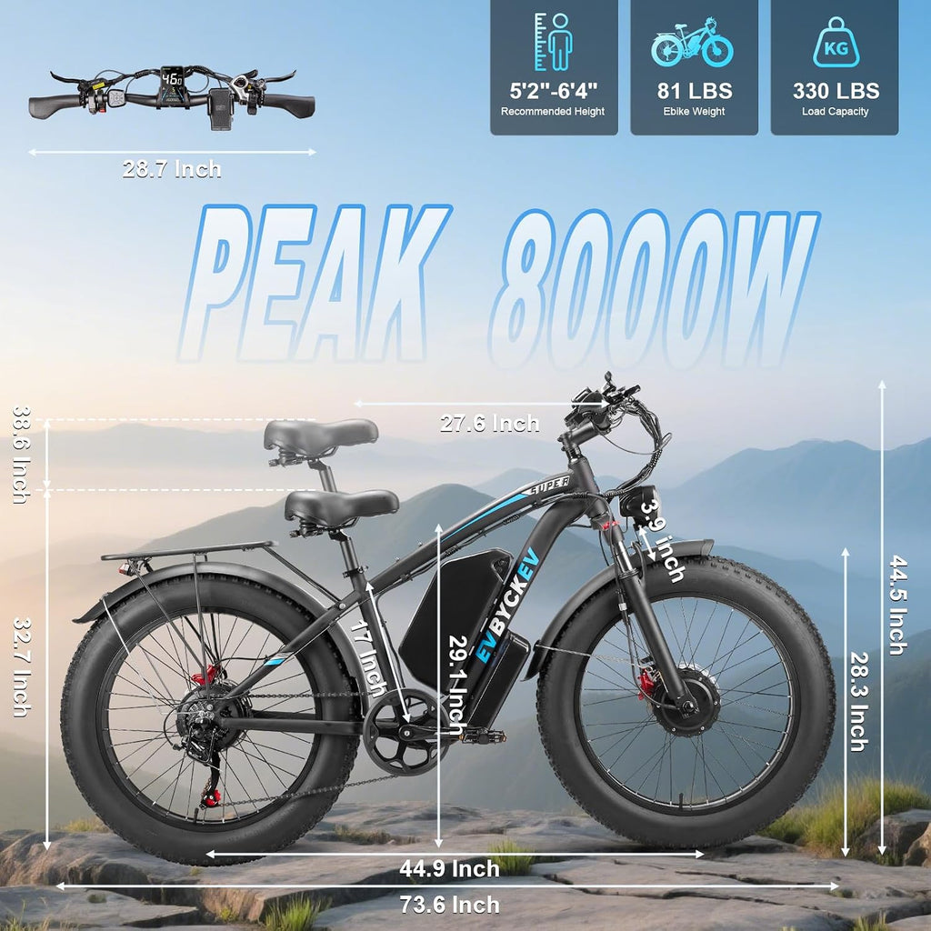 60V Electric Bike,8000W Peak1768WH Dual Motor Ebike for Adults,42-47MPH Up to 100Miles Fast Mountain Ebike, 24Inches Fat Tire E Bike,Lockable Suspension E-Bike for Snow Hunting Off-Road Sand