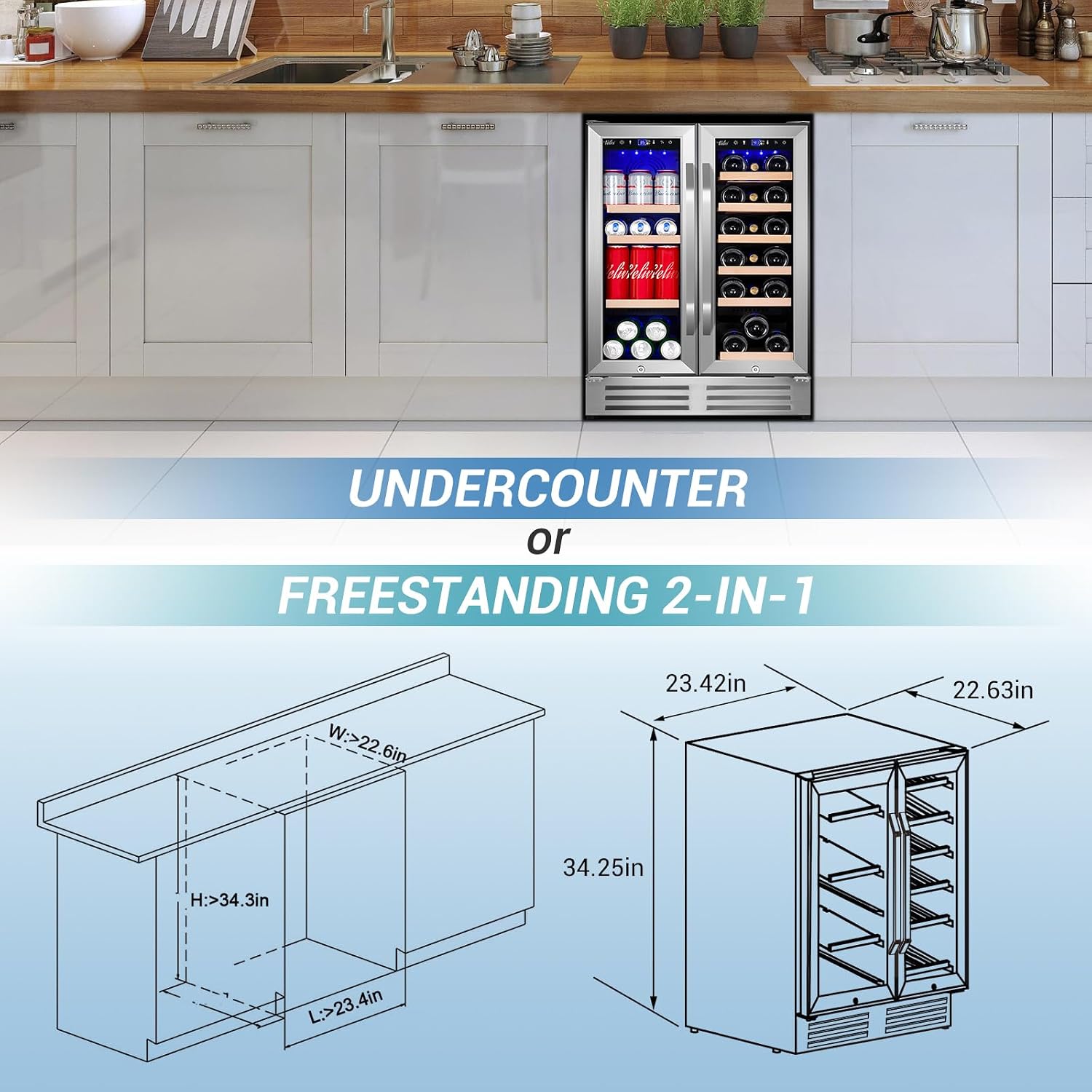 Velivi 24 Inch Beverage Refrigerator Undercounter, Dual Zone Wine and Beverage Cooler, Large Capacity for Beer Wine Drink with Built-In Warm Light, Ideal for Home Kitchen Bar Office