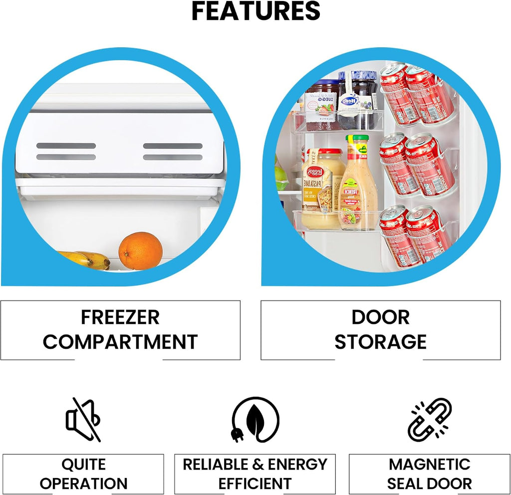 Compact Fridge with Freezer, 3.2 cu ft (91L), White, Space-Saving Flat Back, Reversible Door, Full-Width Freezer, for Snacks, Frozen Meals, Beverages, Beer, Den, Dorm, Office, Rec Room, Home Bar